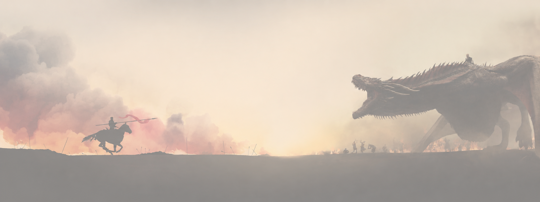 Jaime Lannister on horseback, charging alone from the left toward Daenerys and her enormous dragon on the right